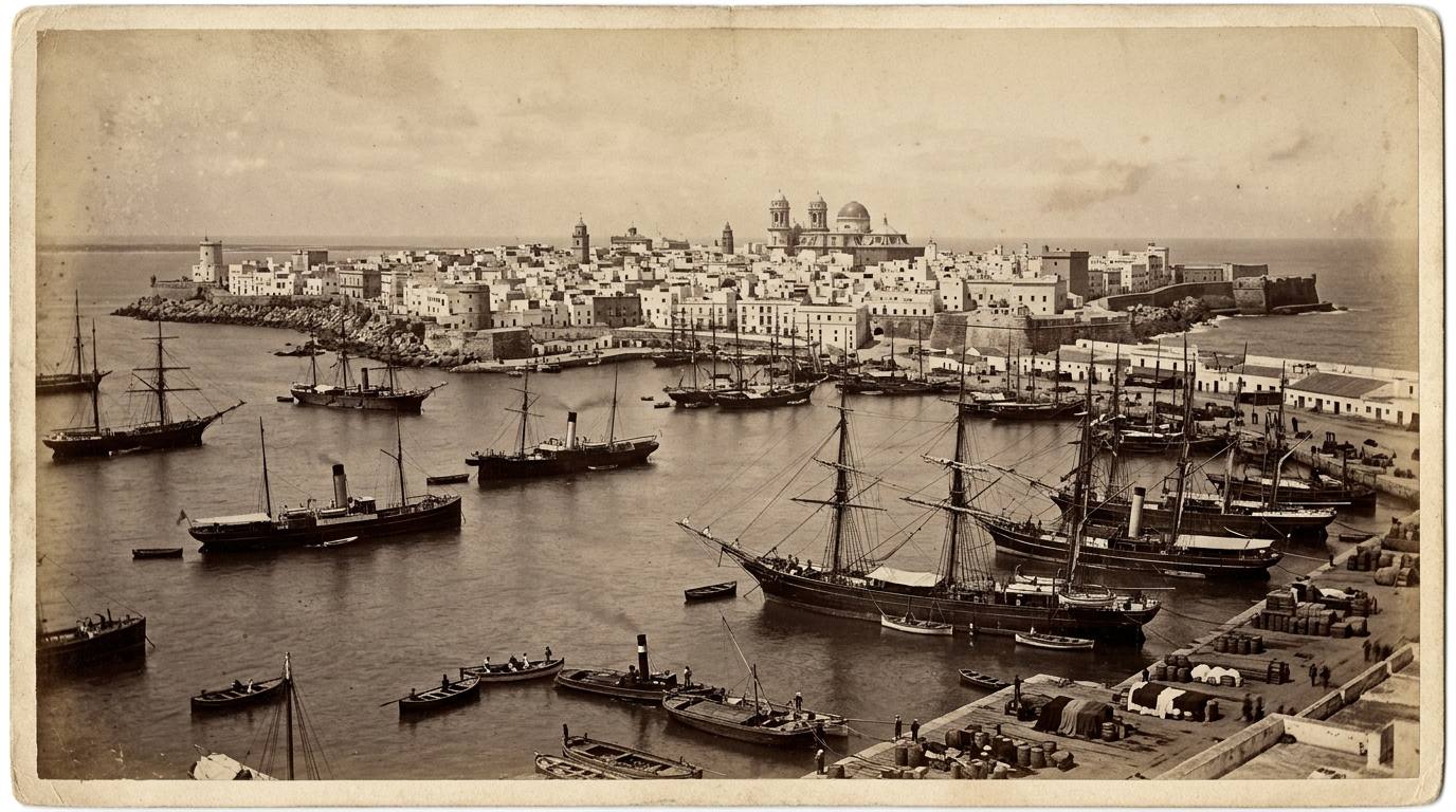 Vista general de Cádiz y su bahía como se veía en 1887, con la ciudad sobre la península y el fondeadero de veleros y vapores en primer plano