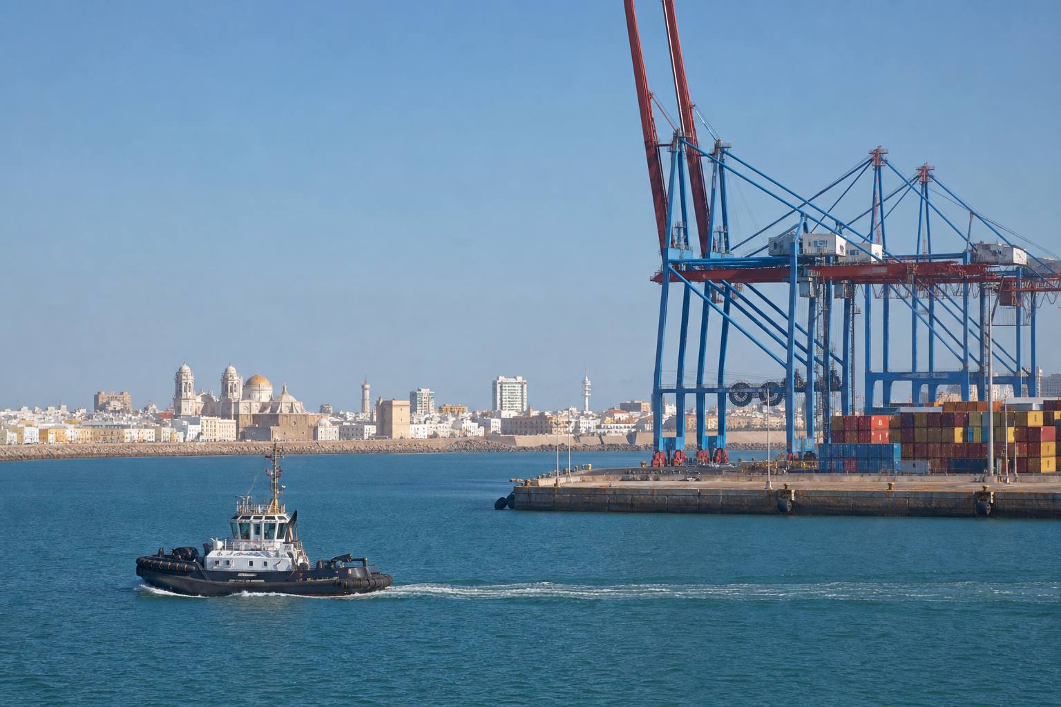 Remolcador cruzando la bahía frente a las grúas del puerto y el casco antiguo de Cádiz